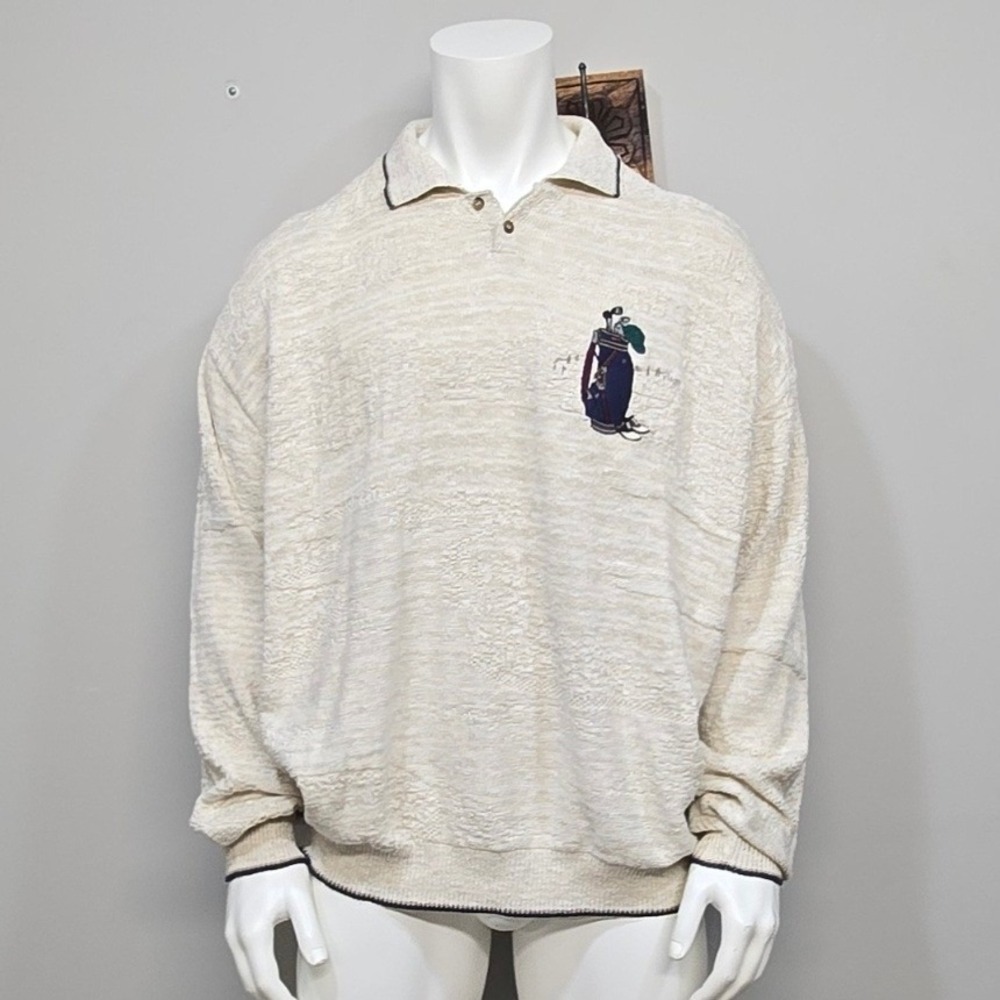 Vintage Men Golf Polo Sweater XXL Textured 3D Knit USA Country Club Grandpa Core